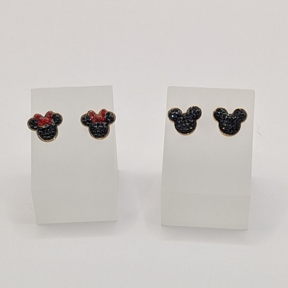 Mickey Mouse And Minnie Mouse Bundle Of 2 Earrings Bling Disney Black Red Bow